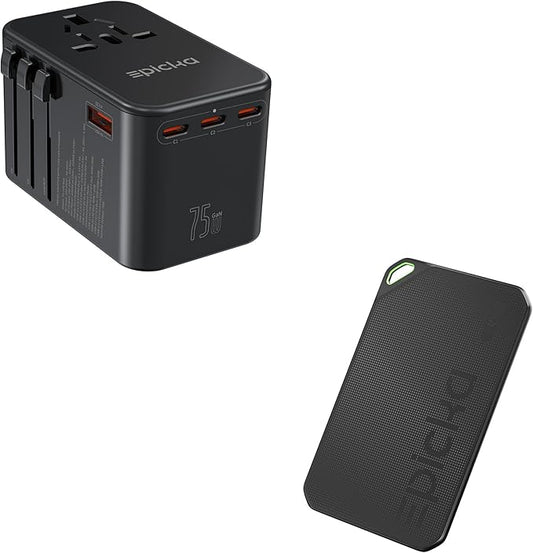 EPICKA Universal Travel Adapter, GaN 75W International Plug Adapter with 3 USB-C PD Fast Charging & Wallet Tracker Card for Apple Find My, MFi Certified, 6-8 Year Battery & IP67 Water Resistant