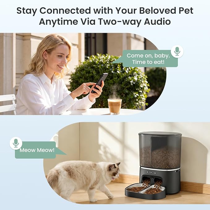 Automatic Cat Feeder 5G/2.4GHz Dual-Band WiFi Built-in HD Camera & Night Vision Two-Way Audio Calling APP Remote Control | Up to 10 Timed Feedings Per Day 8L Capacity Washable Parts (Black)