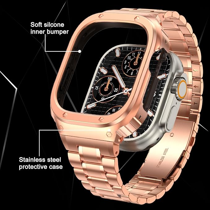 MioHHR Stainless Steel Watch Band with Case Compatible with Apple Watch Series Ultra3 2 1(49mm),Rugged Strap with Metal Protective Bumper Cover for iWatch Band Men(Rose Gold)