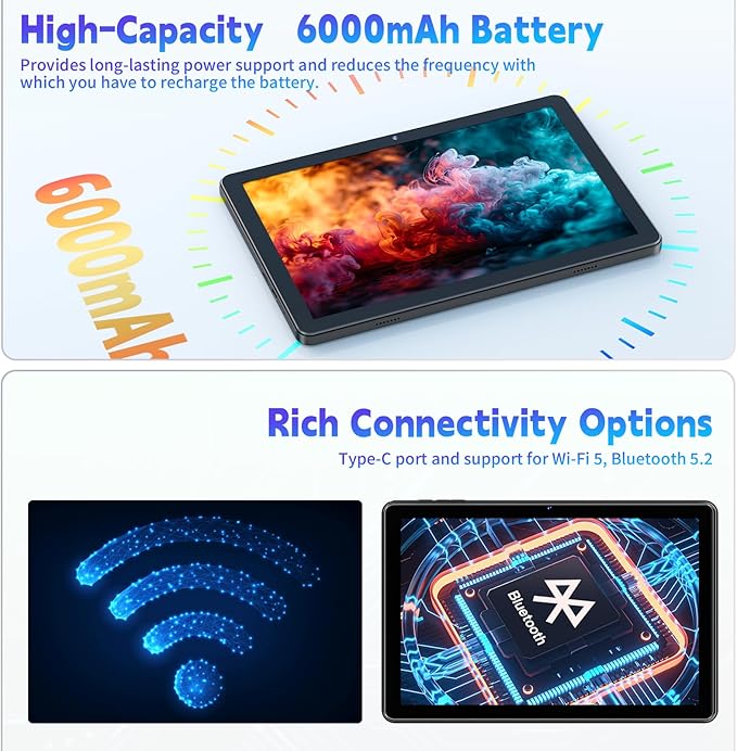 10 Inch Tablet, Android Tablet 10 Inch, Android 15 Tablet with 18GB RAM 128GB ROM, 1TB Expandable, Widevine L1, Octa-Core Processor, WiFi 5, 6000mAh Battery, T30 CPU, Dual Camera (5MP+8MP), Black