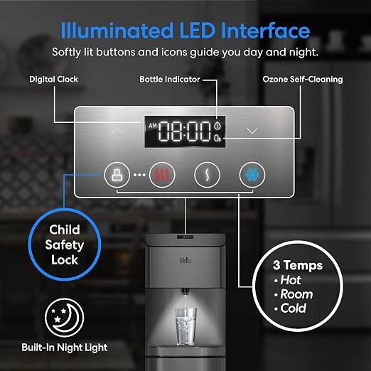 Brio Moderna Bottom Load Water Cooler Dispenser - Tri-Temp, Adjustable Temperature, Self-Cleaning, Touch Dispense, Child Safety Lock, Holds 3 or 5 Gallon Bottles, Digital Display and LED Light