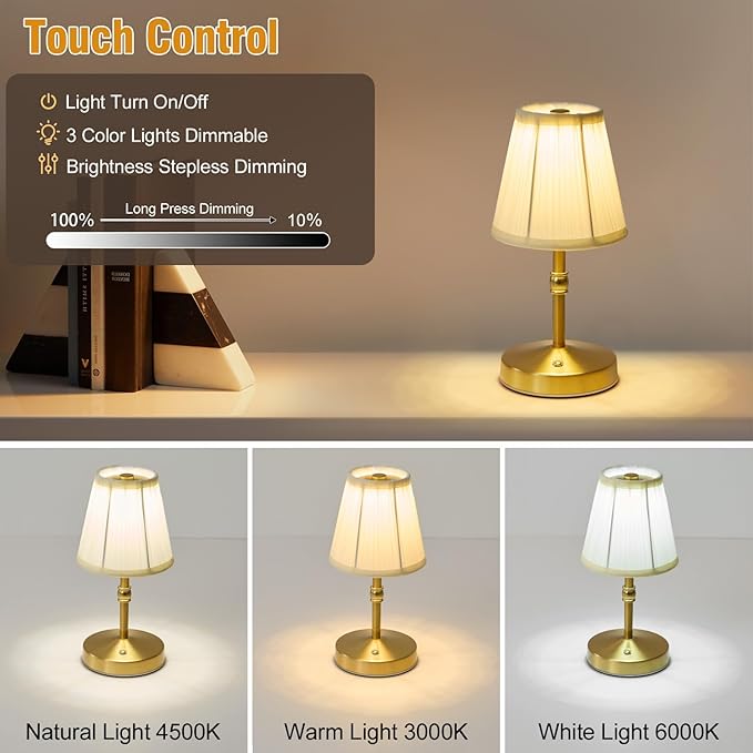 Cordless Mini Lamps Gold,3000 mah Battery Operated Lamp,3 Color Temperature Dimmable Table Lamp,Small Rechargeable Table Lamp Fabric,Aesthetic Small kitchen Lamp for Counter,Dinner (Gold,2 Pack)