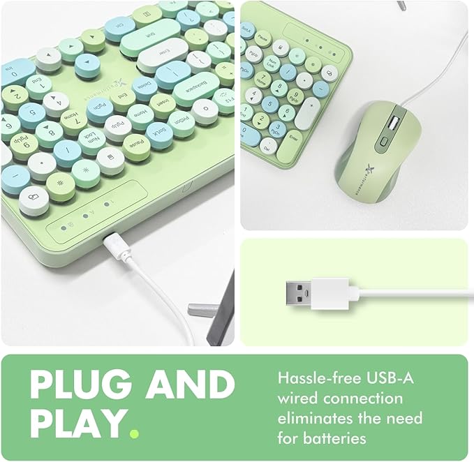 X9 Wired Keyboard and Mouse Combo - Retro Typewriter Keyboard with Round Keycaps, Soft White Backlight, Phone Dock, 109 Full-Size Keys, Cute Wired Green Keyboard and Mouse for Laptop, PC & Chromebook