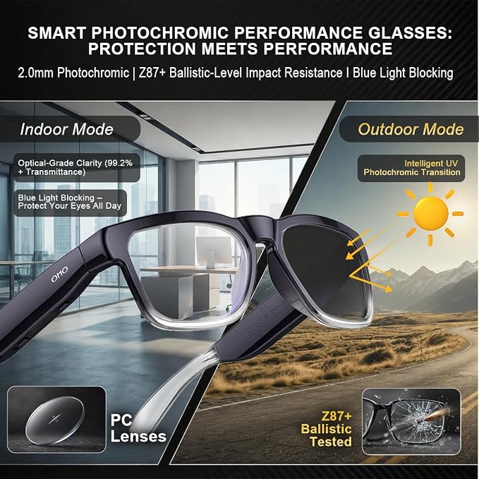 OHO Smart AI Glasses with Bluetooth Audio, Hands-Free Calling, High-Impact 2.0mm Photochromic Blue Light Blocking PC Lenses