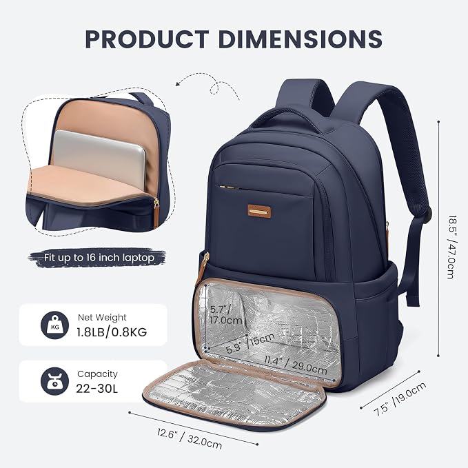 GOLF SUPAGS Lunch Backpack 16 Inch Laptop Backpack with Insulated Cooler Lunch Box Food Bag for College Work Camping Picnics (Navy Blue)