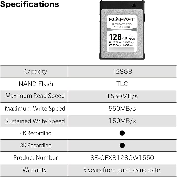 SUNEAST Ultimate PRO White CFexpress Type B, 128GB Memory Card, Up to 1550MB/s Read, 550MB/s Write, TLC 8K Video Card for Professional Cameras, High-Speed CFexpress B, XQD-Compatible, Series SE