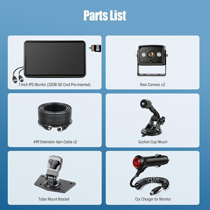 2 Wired Backup Camera System, 7" DVR IPS Touchscreen with Dual AHD IP69K Water/Dust Proof Rear Cameras, Vibration-Proof 20G for Hitching, Farm Work, UTV, Tractor, Truck, Trailer, Combine