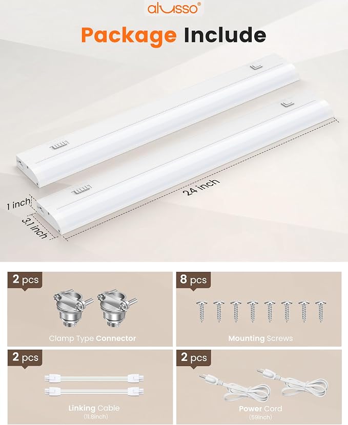 ALUSSO 24 Inch LED Under Cabinet Lighting Hardwired & Plug in 120V, 5CCT Color Selectable 2700K-5000K Dimmable 15W 1350LM High Brightness, Strip Linkable Under Counter Lights for Kitchen Sink, 2 Pack