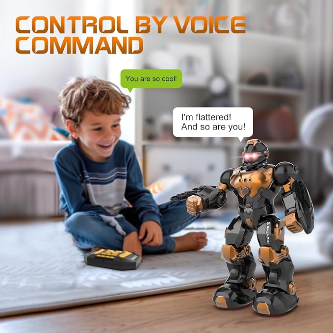 STEMTRON Robot Toys for Kids, Programmable Remote Control Robot with Intelligent Gesture Sensing, Recharge, Singing & Dancing Mode, Launcher (Brown)