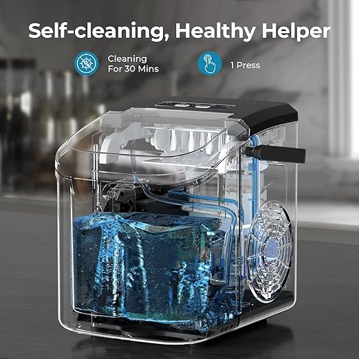 Antarctic Star Countertop Ice Maker Machine, 8 Ice Cubes in 6 mins, 26lb/Day Ice with 2 Sizes- Portable Mini, Energy Saving & Basket/Scoop for Home/Party/Travel/Camping/Bar, Dark Black
