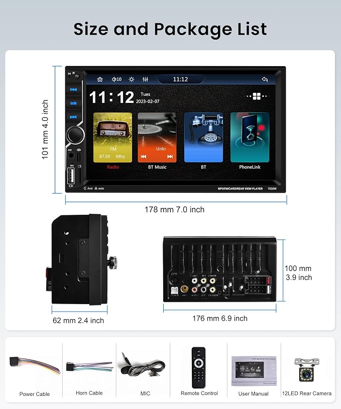 Double DIN Car Stereo with Wireless CarPlay Android Auto, 7 Inch Touchscreen Radio, Universal 2 Din Head Unit Bluetooth 5.0 FM SWC EQ USB-C Mirror Link Backup Camera