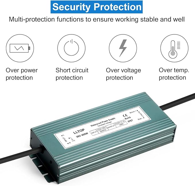 LLTOP 36v DC Power Supply 400w 11.1A Waterproof AC110v/120v to 36vdc Converter Constant Voltage Outdoor Transformer for Pump Humidifier LED Lights