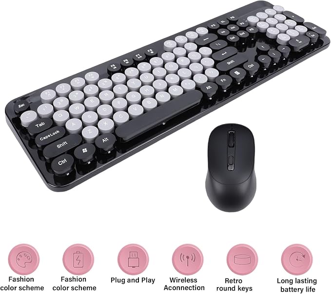 Wireless Keyboard and Mouse Combo, 2.4GHz Plug and Play with Retro Typewriter Style Round Keycaps, 104 Keys with Numeric Pad, for PC Laptop Desktop (Black)