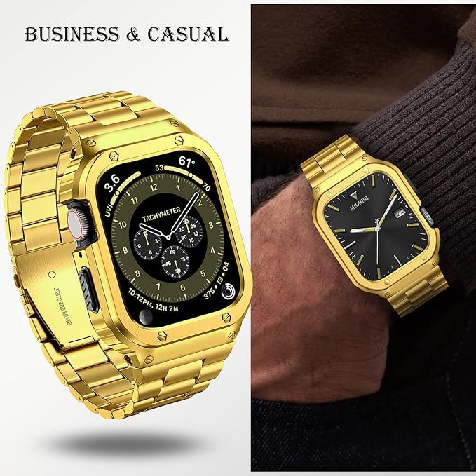 MioHHR Stainless Steel Band and Case Compatible with Apple Watch Band 44mm 42mm (Series 3/2/1), Men Metal Protective Bumper Cover for iWatch Series 6/5/4/3/2/1/SE/SE2/SE3, Gold