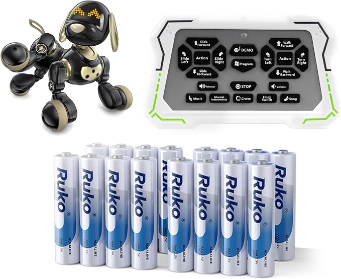 Ruko 18011 Robot Dog Toy Black and AAA Alkaline Batteries 16 Pack for Remote Control