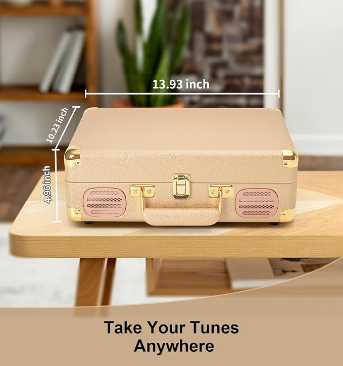 Record Player 3 Speed Bluetooth Portable Suitcase, Vinyl Phonograph with Built-in Bass & Speakers, Belt-Driven LP Player Support AUX-in RCA Line Out Headphone Jack, Champagne Gold