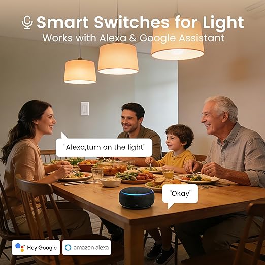 GHome Smart Switches for Lights, WiFi Smart Light Switch Works with Alexa and Google Home, Single-Pole, Neutral Wire Required, 2.4Ghz WiFi Light Switch with APP Control, No Hub Required, UL FCC Listed