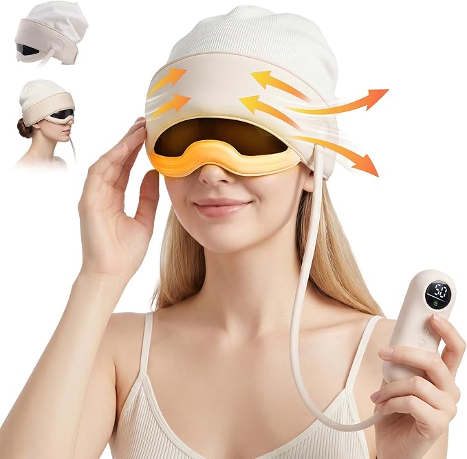 Head and Eye Massager 2 in 1 Electric Head Massager 6 Zone Kneading 6 Level Heat Remote Controller Rechargeable Portable View Window for Migraine Tension Headache Eye Strain Relief GIF