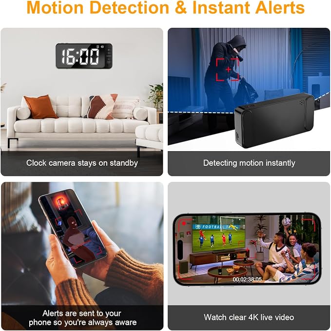 Magnetic Hidden Camera Clock - WiFi Wireless 4K HD Nanny Cam with Wide-Angle 150°, Clear Night Vision & Smart Motion Detection, Indoor Hidden Camera for Home Security, Office, Pet, App Remote Control