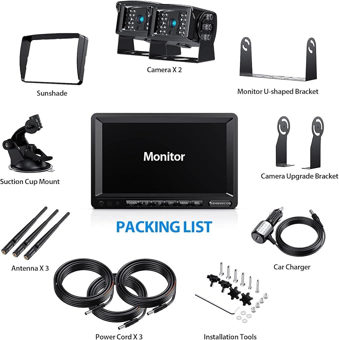 ZEROXCLUB Digital Wireless Backup Camera System Kit, IP69K Waterproof Wireless 2 Rear View Camera + 7’’ LCD Dual Split Monitor for RV/Truck/Bus/Camper/Trailer (WX02)