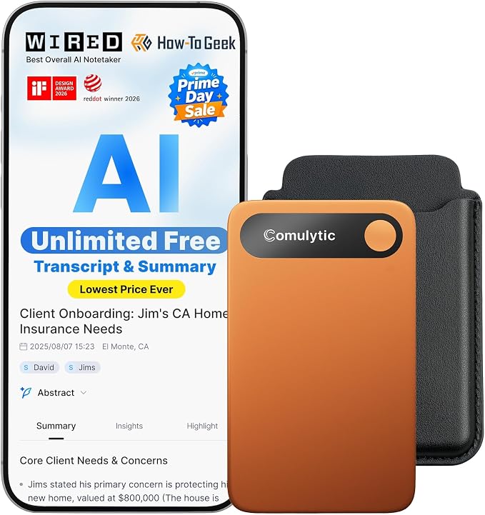 Comulytic Note Pro AI Voice Recorder, Unlimited Transcribe & Summarize, One Tap Recording Device with AI Note Taking, Support 113 Languages, 64GB, Audio Recorder for Calls, Meetings, Lectures, Orange