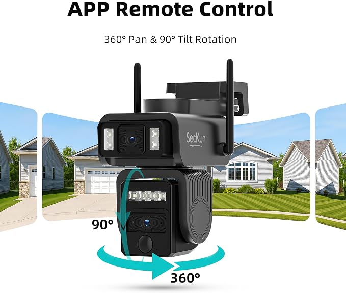 AJ19 Outdoor Solar Wireless Home Security Camera, 2.4GHz WiFi, Dual Lens 360° PTZ, IP66 Waterproof, Color Night Vision, 2-Way Audio, Motion Tracking, Dual Storage
