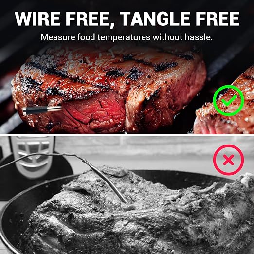 Wireless Meat Thermometer with 2 Meat Probes, Bluetooth 5.2 with App Control, Compatible with iOS & Android, IP68 Waterproof, Fast Charging & Magnetic Smart Food Thermometer for Oven Grill BBQ