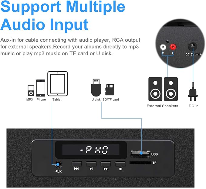 Vinyl Record Player with Built-in Stereo Speakers, Vinyl to USB Recording, Belt Drive 3 Speeds Turntables for Vinyl Records Support Bluetooth Input AUX RCA Output, Black