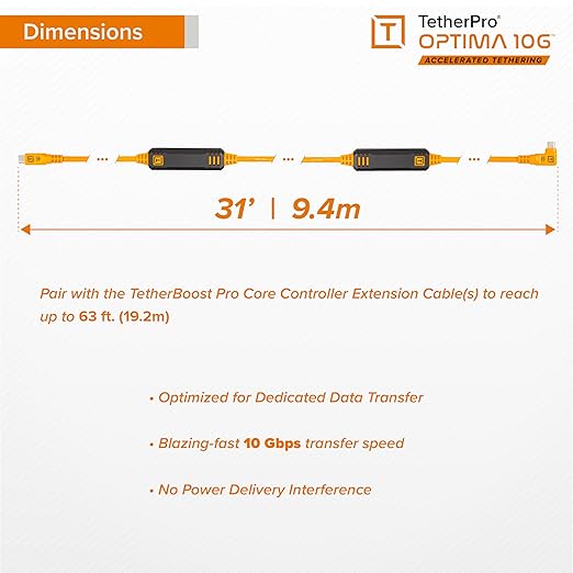 TetherPro Optima 10Gbps Gen 2 USB-C, 31' (9.4m), Straight to Right, High-Visibility Orange