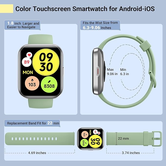 Quican Smart Watches for Women/Men, Smart Watch for Android Phones & iPhone, Fitness Watches for Women with Alexa, Call & Notification Alerts, Tracks Heart Rate/Sleep Smartwatches (Green, 1.8 inches)