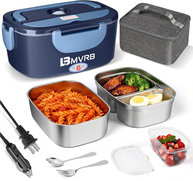 Electric Lunch Box for Adults - 80W Fast Heating, 12V/24V/110V, Dual Stainless Steel Containers, Portable for Car/Truck/Office/Outdoor (blue)