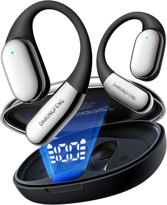 DARONGFENG Open Ear Headphones Wireless Earbuds Bluetooth 5.4, for Running & Workouts: Ergonomic Snug-Fit Earhook, Powerful Bass, Immersive HD Sound & Clear Calls, 40H Playtime with Smart Display