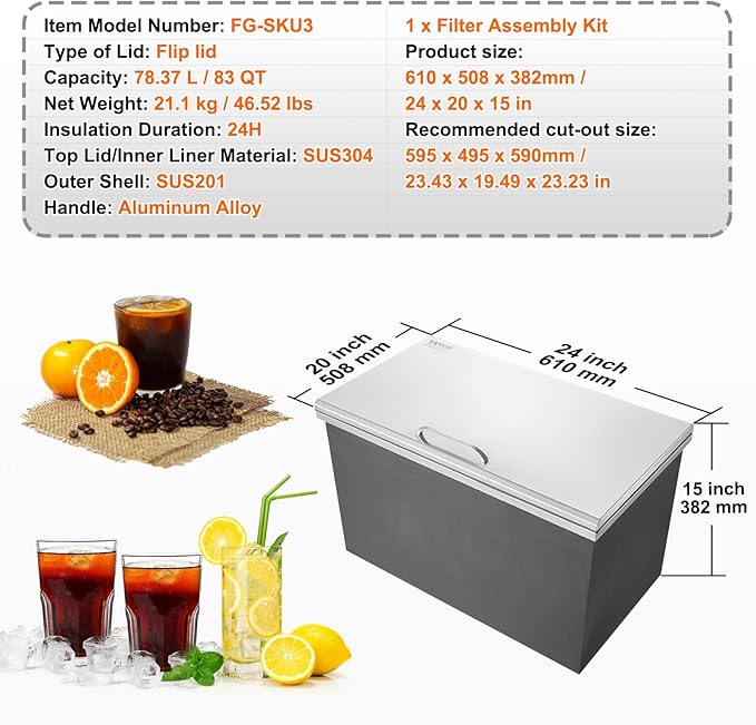 VEVOR Drop in Ice Chest, 24" L x 20" W x 15" H Stainless Steel Ice Cooler, Commercial Ice Bin with Hinged Cover, 40 qt Outdoor Kitchen Ice Bar, Drain-Pipe and Drain Plug Included, for Cold Wine Beer