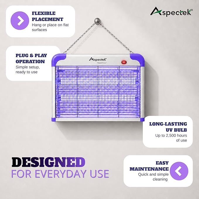 ASPECTEK 20W Heavy Duty Bug Zapper, High-Voltage Electric Mosquito and Fly Killer, Indoor and Covered Outdoor Gnat Control for Bedroom, Patio and Greenhouse, Includes 2 UV Bulbs - Purple