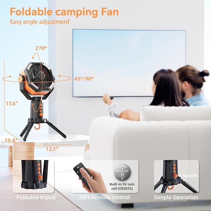 MORIKO Table Fans Tripod, 20000mAh Rechargeable Battery Operated Portable Tent Fan with LED Lantern, Remote Control, Hook, 270° Pivot, Stepless Speed-Ideal for Camping, Picnic, Barbecue, Jobsite