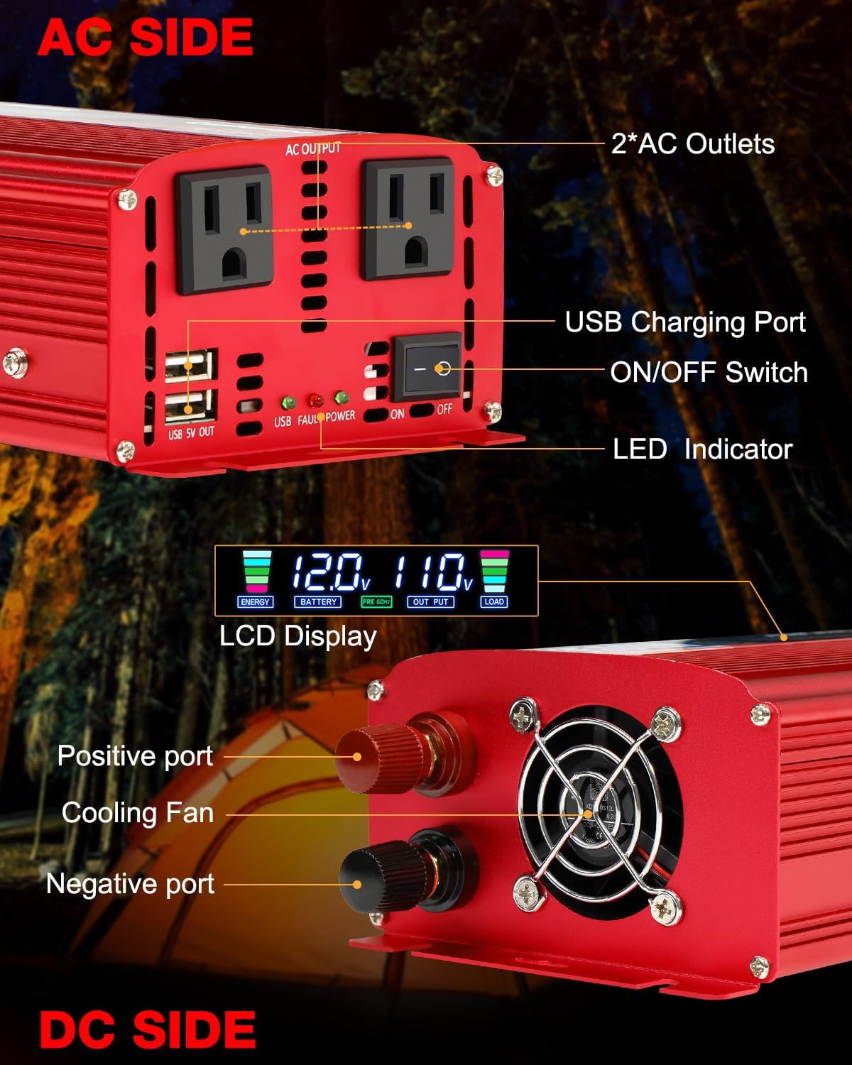 LVYUAN 1500W Car Power Inverter 12V to 110V DC to AC with 2 US Sockets, Cigarette Lighter, LCD Display, USB Ports for Car, Home, Truck, Outdoor, Camping