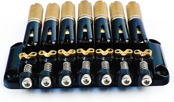 Headless 7-String Guitar Bridge 10.5mm Fixed Bridge -Brass Saddles Zinc Alloy Plate, Stable Intonation，Easy Installation/Adjustment, Fits Most 7-String Headless Guitars （Gold Tailpiece Nut）