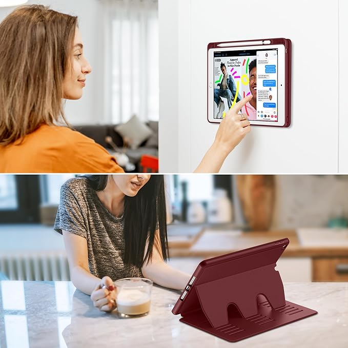 VIKESI Case for iPad 9th / 8th / 7th Generation 10.2 inch (2021/2020/2019 Released),Multiple Angles Magnetic Stand Cover,Shockproof Back,Pencil Holder,and Auto Sleep/Wake,Wine