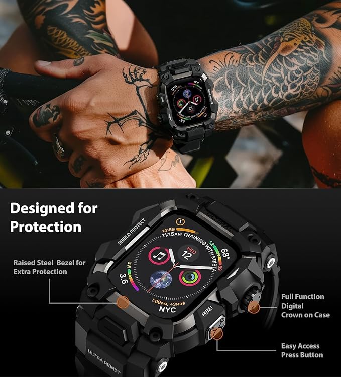 ULTIMAL Rugged Case with Band for Apple Watch Band 45mm,Compatible with Apple Watch Series 9/8/7 45mm,Military Grade Shockproof Bumper Cover for iWatch Tactical Band Men (Black, 45mm)