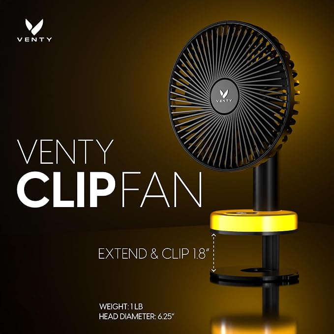 VENTY Portable Clip Fan - Rechargeable 10-Hour Battery Portable Fan - 360° Rotation & 90° Tilt - Stroller, Desk or Bedside - Aromatherapy & LED Light - USB-C cable & Carrying Pouch