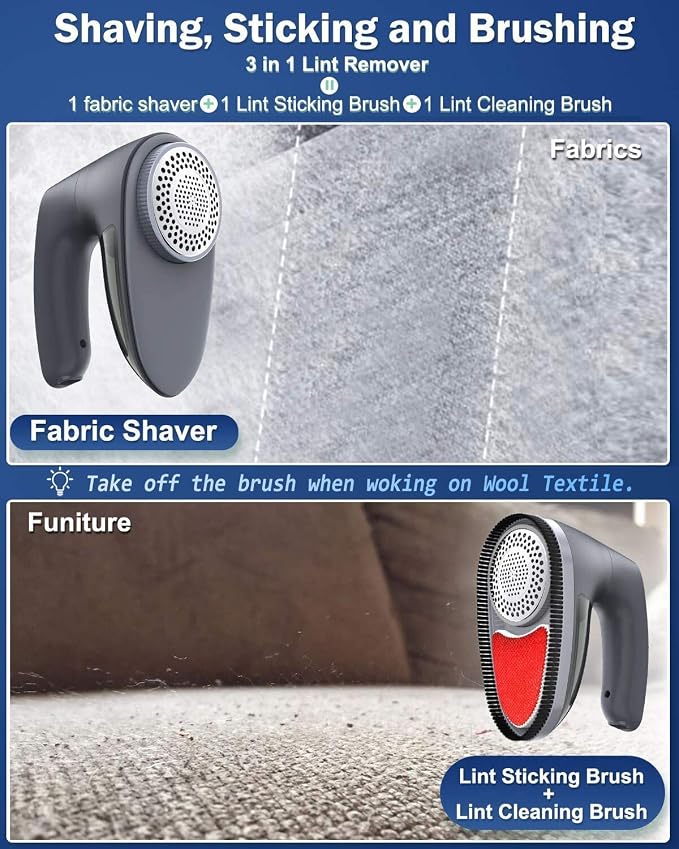 POPCHOSE Fabric Shaver, Rechargeable Lint Remover with 6-Blades and Electrostatic Brush, Dry Brushing Body Brush