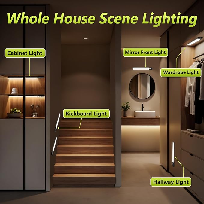 Mpotmiy 6 Pack 12" Rechargeable Motion Sensor Under Cabinet Lights with Digital Display, 2200mAh, 3 Color Temperatures, Magnetic Dimmable Closet Lights for Kitchen