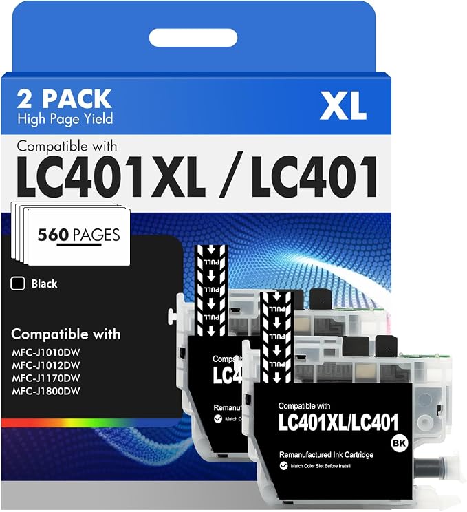 LC401XL LC401 MFC-J1010DW Black Ink Cartridges Compatible for Brother LC 401XL Ink Cartridges for Brother MFC-J1010DW MFC-J1170DW MFC-J1012DW MFC-J1800DW MFC-J1010DW Printer (High Yield, 2 Black Pack)