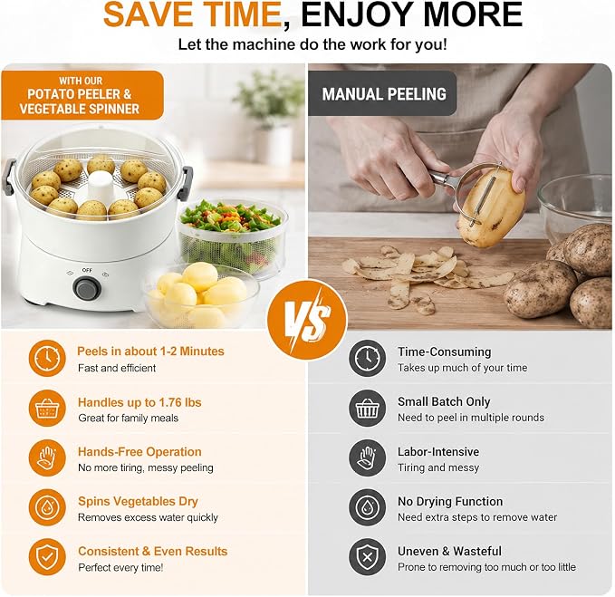 Electric Potato Peeler, 2-in-1 Automatic Peeling Machine/Vegetable Dehydrator, 85W One-Button Drive Potato Peeler Spinner for Home Kitchen Fast Food Stores Restaurant