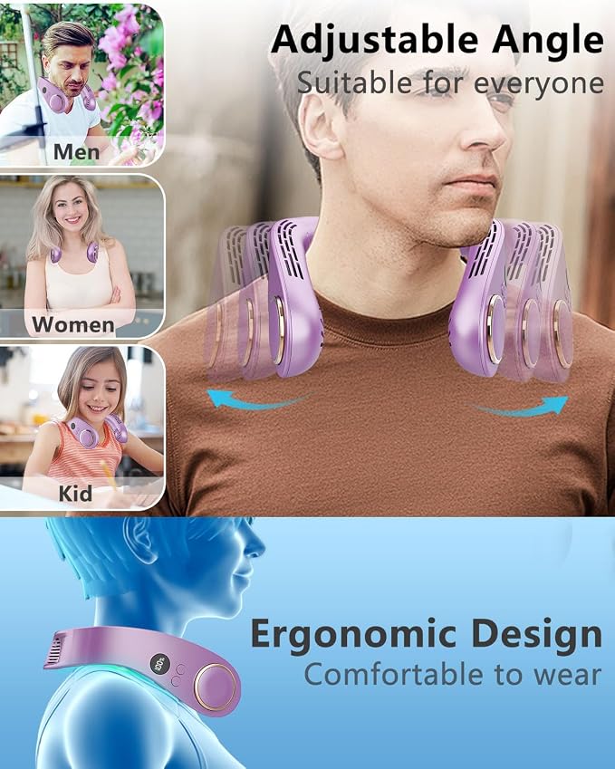 Personal Neck Fans that Blow Cold with Cooling Plate, Wearable Around Bladeless Cooling Device, Rechargeable Head Neck Coolers for Kids Women Men Extremely Hot Weather Outdoor Indoor, Dark Purple