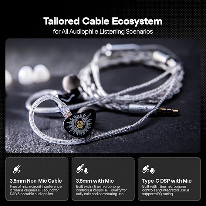 Linsoul Kiwi Ears x B_Media: Chorus in Ear Monitor,DLC Diaphragm Dynamic Driver Wired Earbuds CNC Metal Faceplate IEM,with Dual Silver-Plated Cable,Earphones for Audiophile (1, Black, 3.5mm with Mic)
