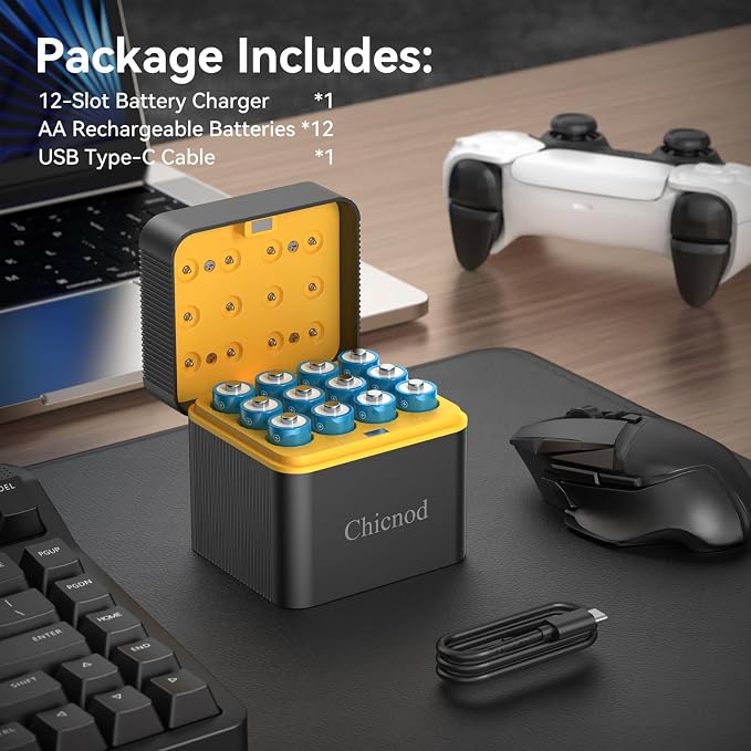 Rechargeable AA Lithium Batteries with Fast USB-C Charger, 12-Pack 4255 mWh 1.5V Constant Voltage for Blink Outdoor Camera, Xbox Controller, Flashlights – 2000+ Cycles