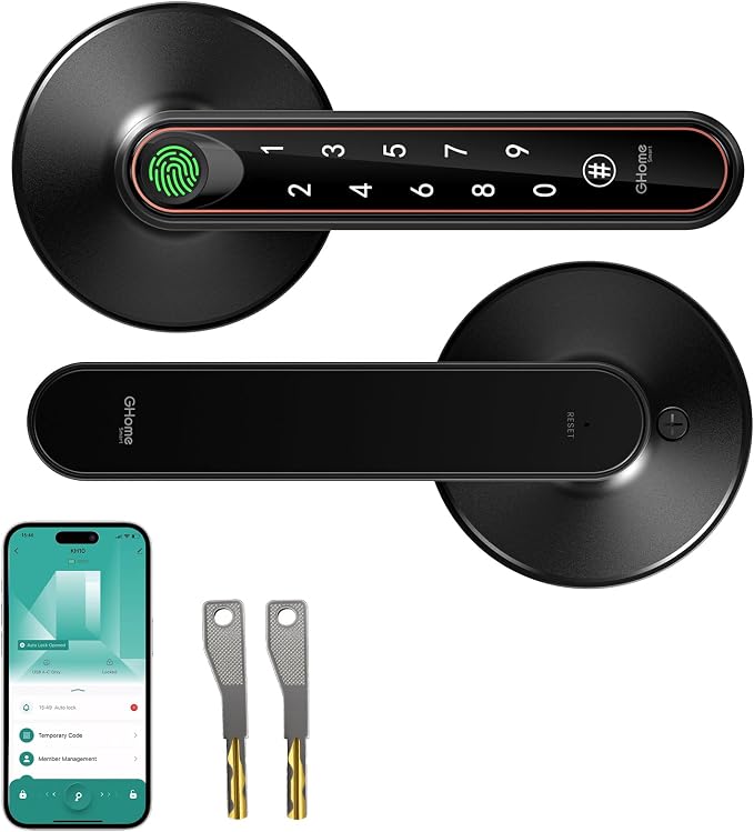 Ghome Smart Fingerprint Door Knob with Lock, 5-in-1 Keyless Entry Door Lock with Handle, App Control, Passcode & Key, Fingerprint Door Lock for Bedroom, Biometric Smart Lock for Apartment & Home