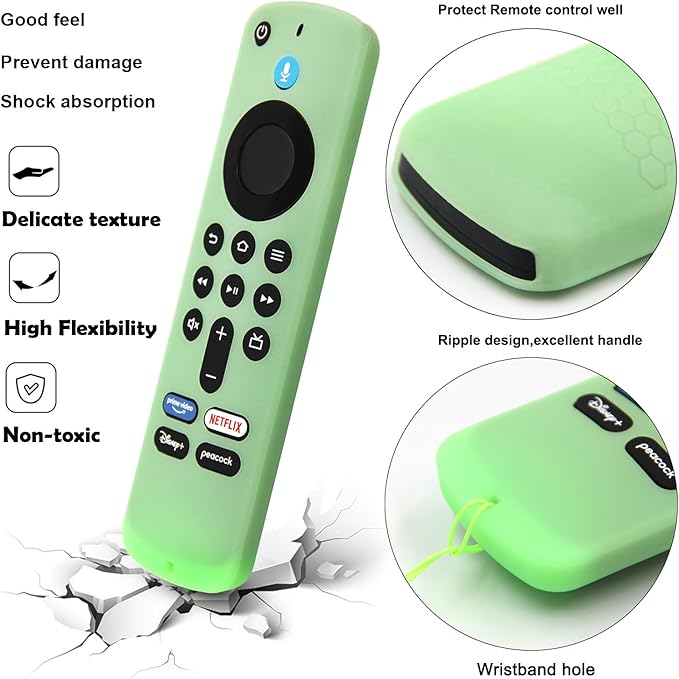 Pinowu Remote Cover Case (2pcs) Compatible with Fire TV Stick HD / 4K(2nd Gen) / 4K Plus / 4K Select Alexa Voice Remote, Anti Slip Silicone Sleeve with Wrist Strap(Green Glow,Blue NOT Glow)