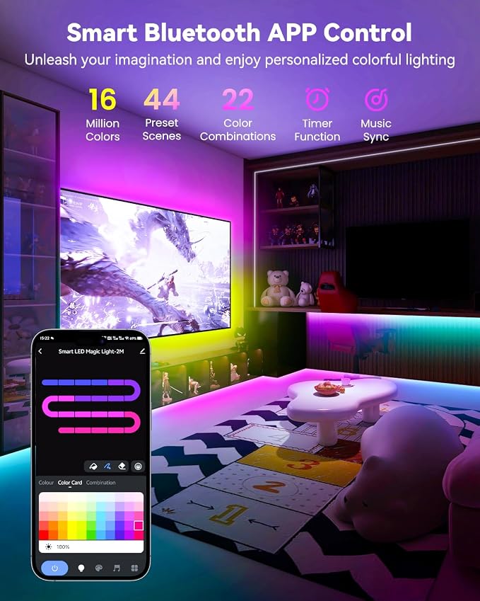 Pak LED Lights for Bedroom 6.6ft, Smart RGB+IC LED Strip Lights with App, Music Sync Color Changing Flexible LED Lights with 64 Scene Modes for Party, Home, Christmas, Halloween Decor